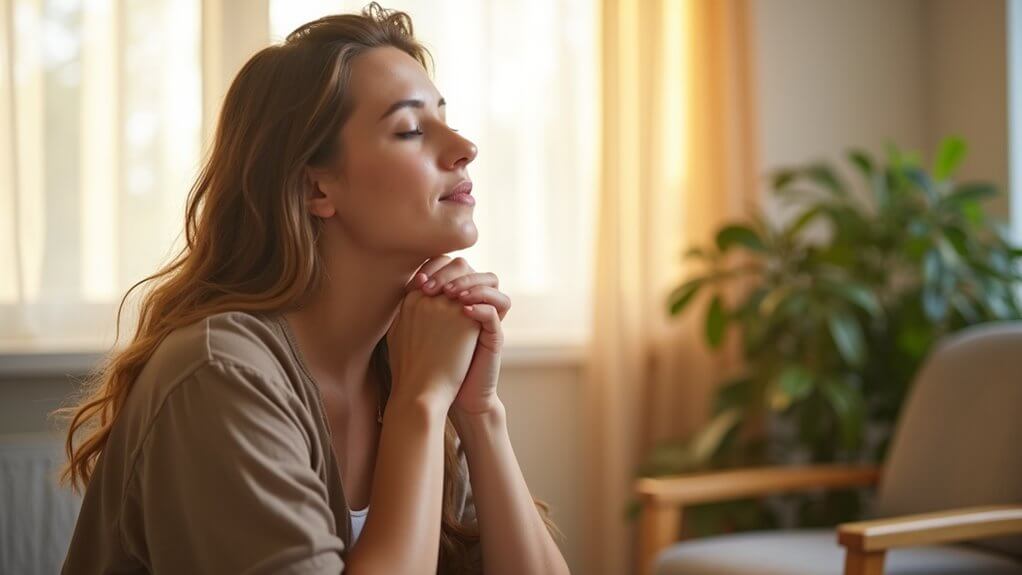 Woman meditating indoors practicing self awareness therapy