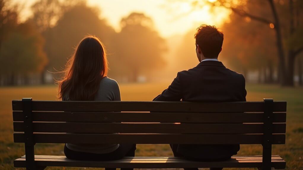 Couple with emotional disconnection in a relationship distant on park bench