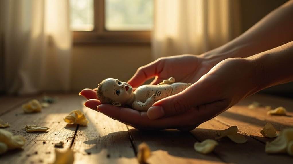 Holding doll, symbolizing childhood trauma healing process