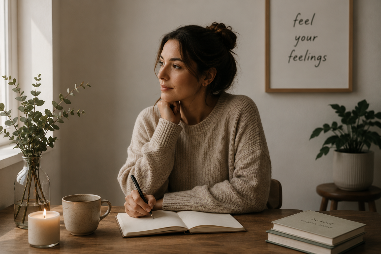 Adult journaling or reflecting quietly